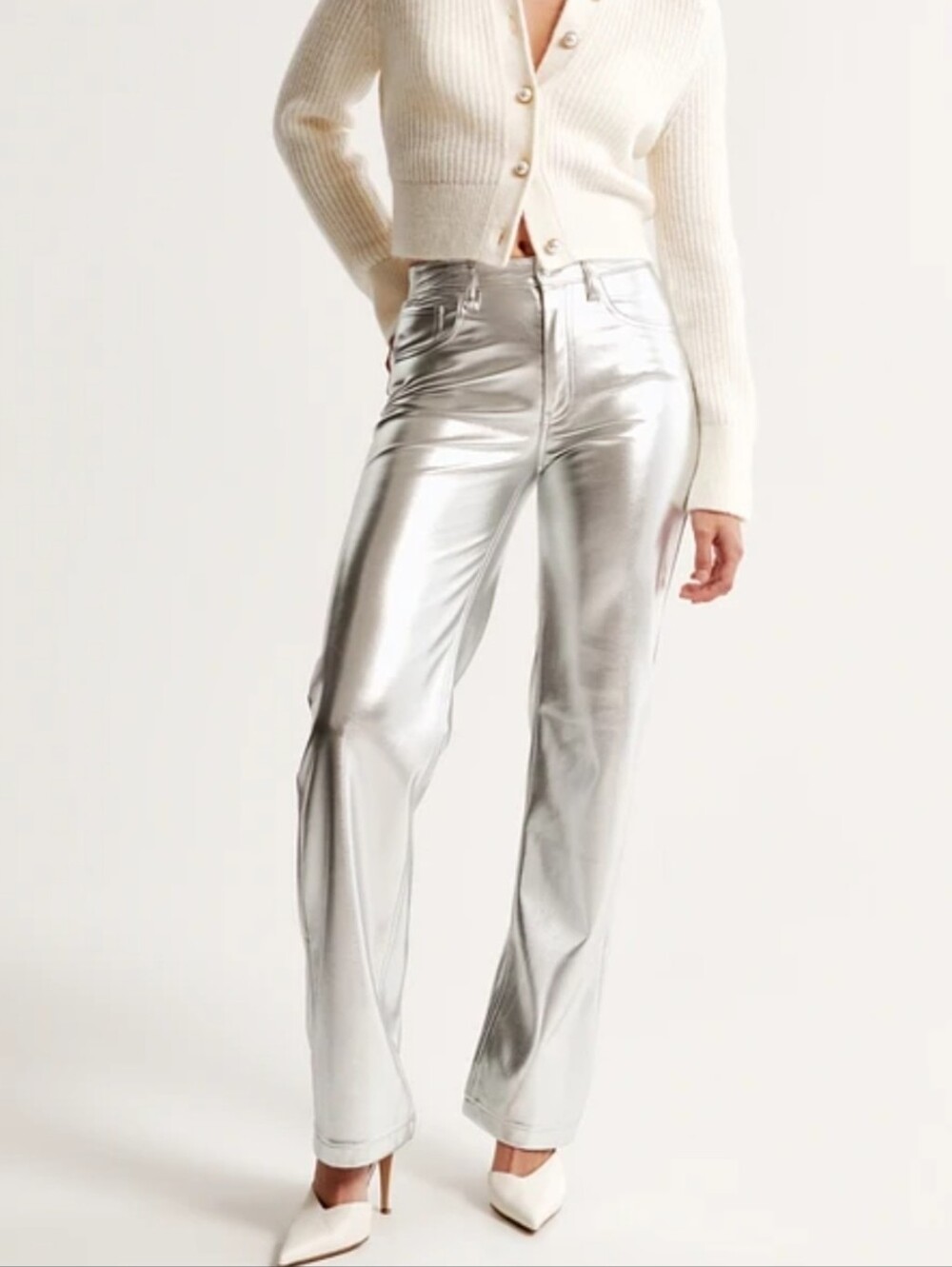 NEW Abercrombie 90s Straight Ultra High Rise Silver Metallic Pants Sz 28/6